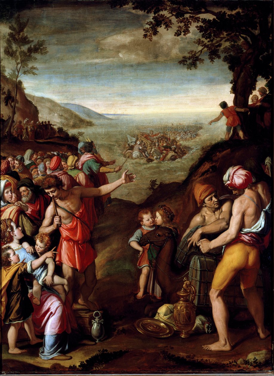 Rødehavspassasjen Det hebraiske folket, på flukt fra Egypt, krysser Rødehavet, ledet av Moses. Maleri av Santi di Tito (1536-1603) Firenze, skap av Francois I, Palazzo Vecchio av Santi di Tito
