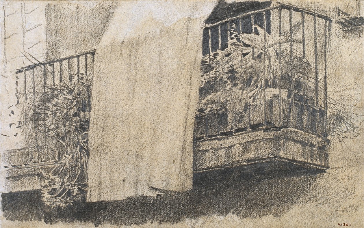Balkong med blomster og gardin av Santiago Rusiñol