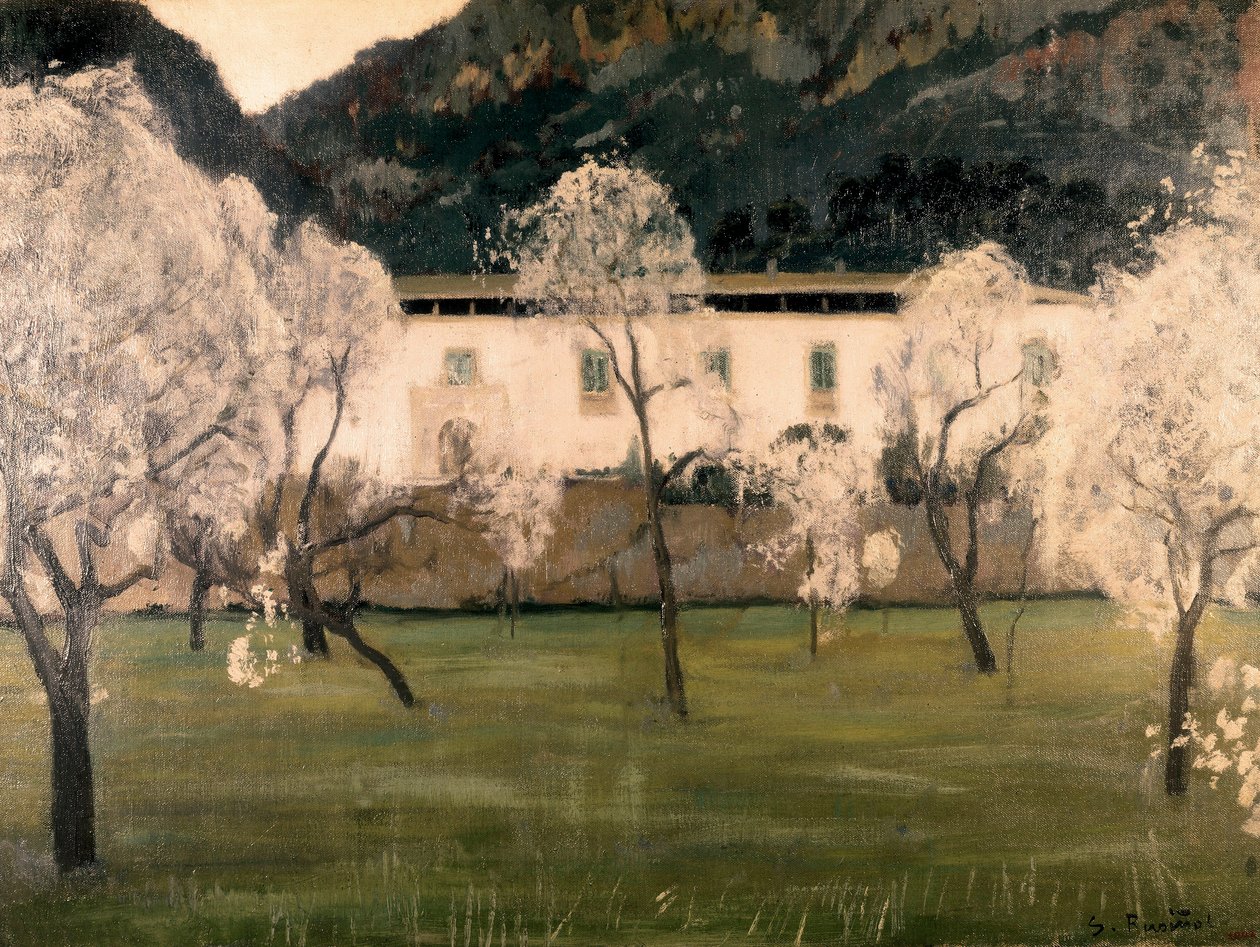 Landskap med blomster i trær. Maleri av Santiago Rusinol y (i) Prats (1861-1931). Olje på lerret Barcelona. Nasjonalmuseet for kunst i Catalonia. av Santiago Rusinol i Prats