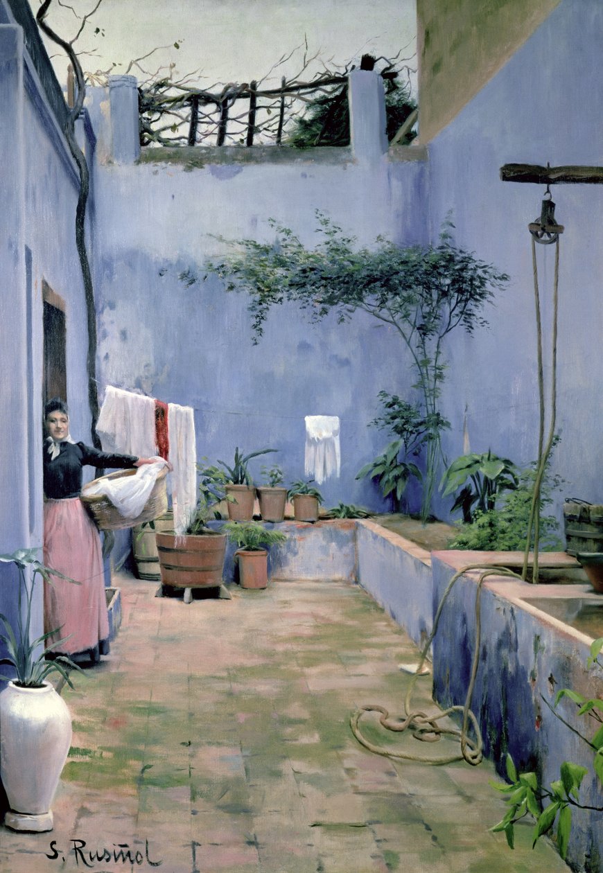 Uteplassinteriør (olje på lerret) av Santiago Rusinol i Prats