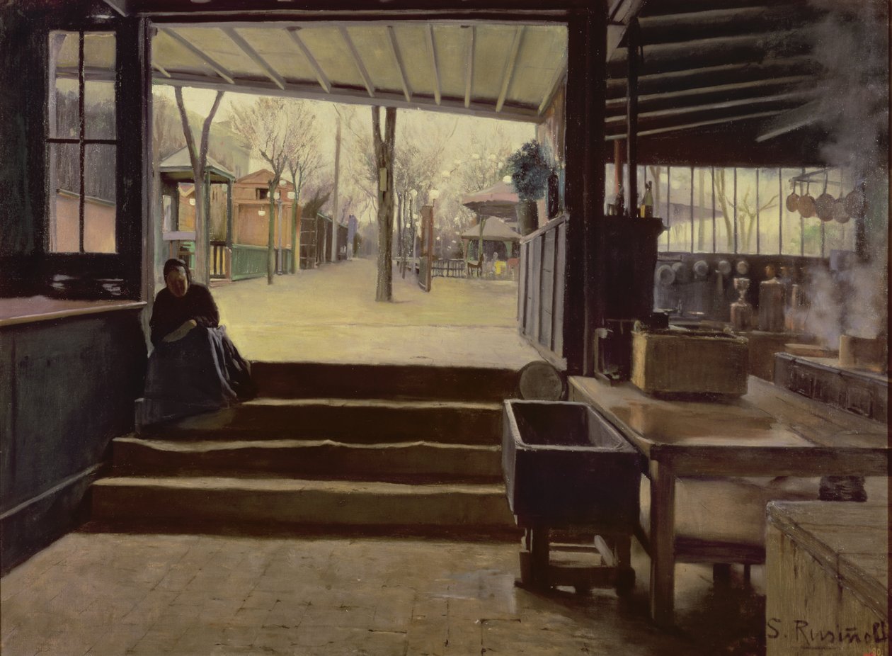Kjøkkenet eller laboratoriet i Moulin de la Galette, Paris (olje på lerret) av Santiago Rusinol i Prats