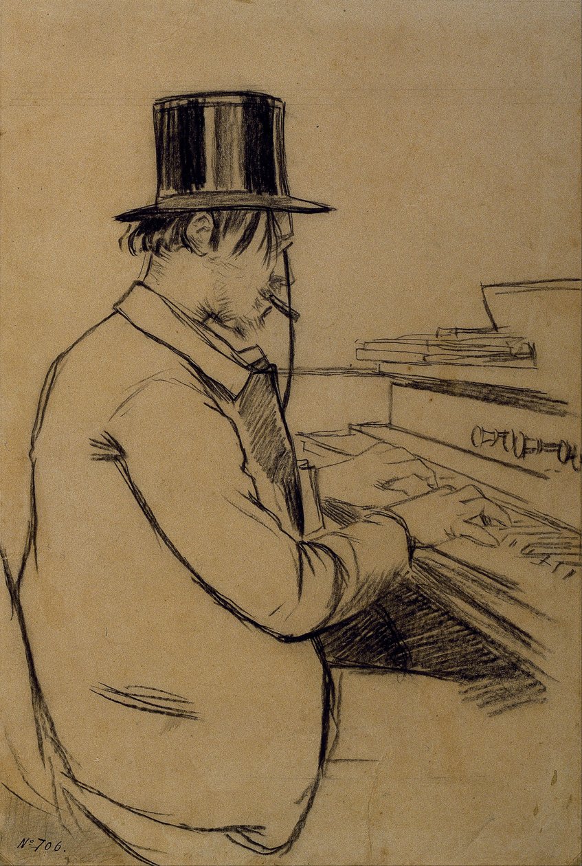 Portrett av Erik Satie 1866-1925, Playing the Harmonium av Santiago Rusiñol