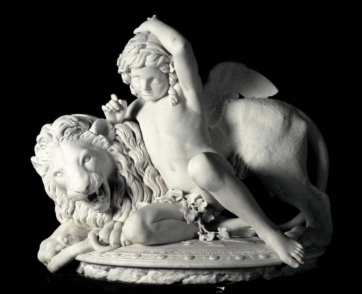 Love Mastering the Force Marble Sculpture av Santo Varni (1807-1885) 1865. Dim. 85x90x62 cm Fra samlingen til Prince Odon di savoia. Genes, Galleria d