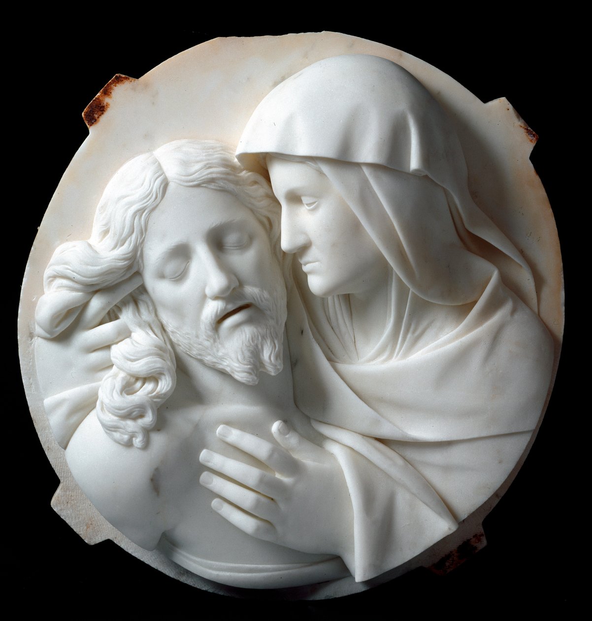Pieta-marmorskulptur av Santo Varni (1807-1885) 1863-1870. Dim. 56x52x12 cm Fra samlingen til Prince Odon di savoia. Genes, Galleria d