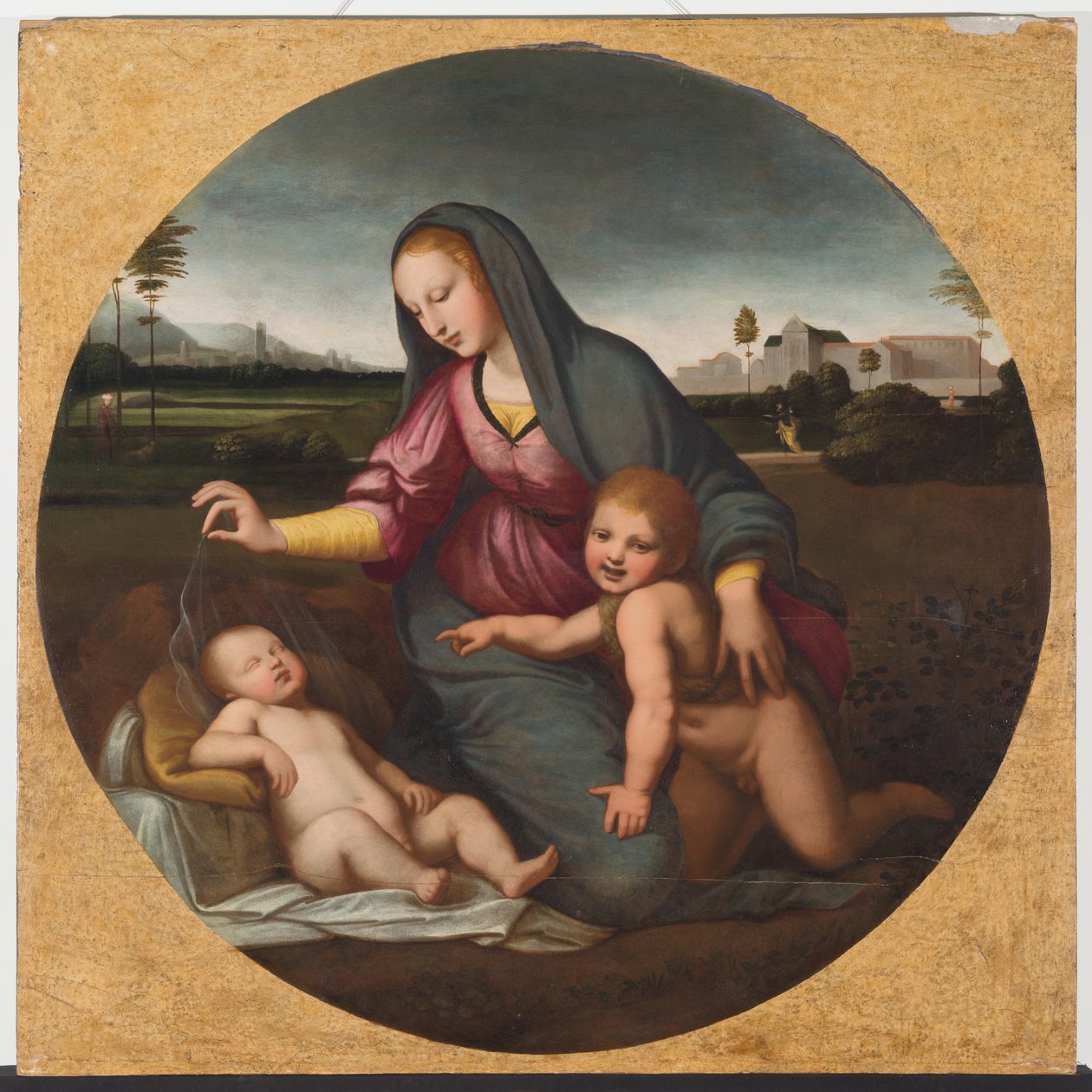 Madonna og barn med den unge St. John, ca. 1500 (olje på tre) av Sanzio of Urbino (follower of) Raphael