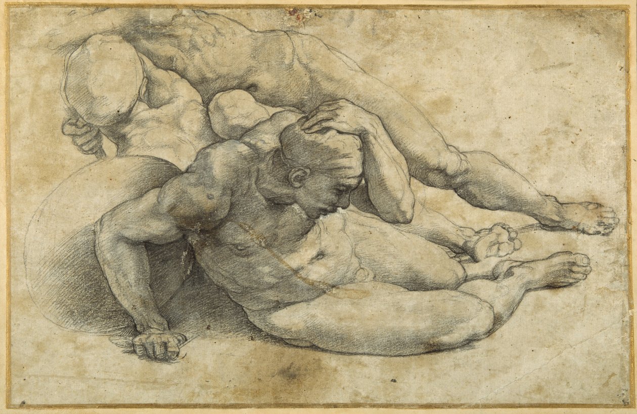 Studie av tre soldater for 'Oppstandelsen' (svart kritt på papir) av Sanzio of Urbino (workshop) Raphael