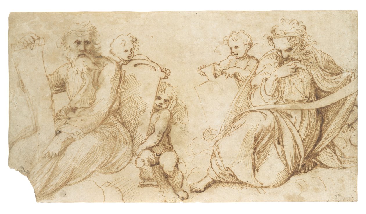 To profeter med ruller sittende med putti som holder tabletter av Sanzio of Urbino Raphael