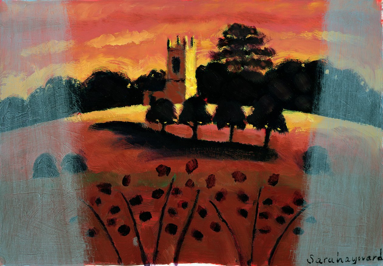 Church on the Severn (olje på kort) av Sara Hayward