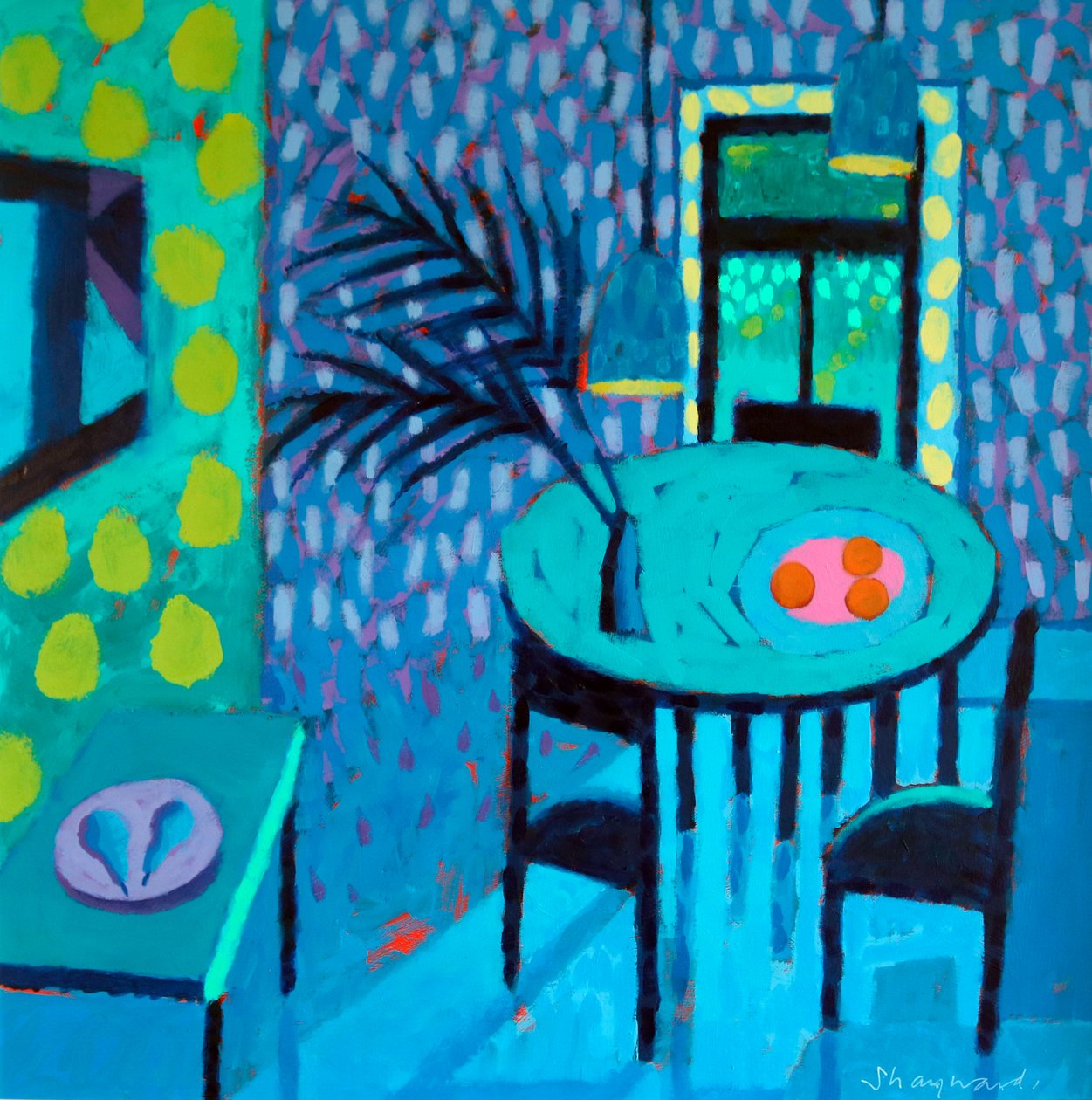 Fruktene #1, 2023 (akryl på plate) av Sara Hayward