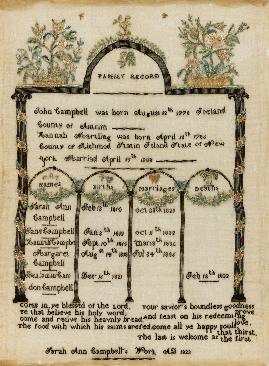 Prøvetaker i familieregister av Sarah Ann Campbell