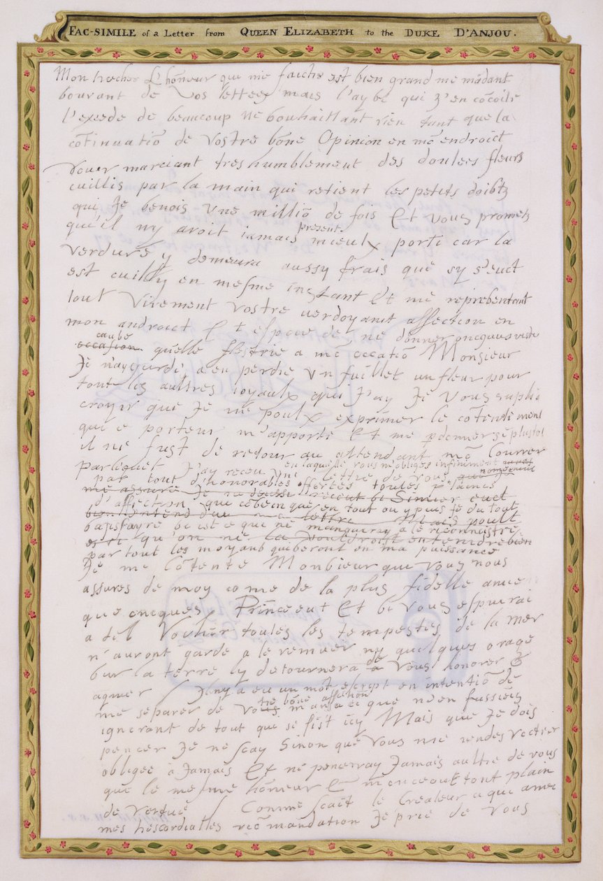 Faksimile av et brev fra Elizabeth I til Francois de Valois, Duc d