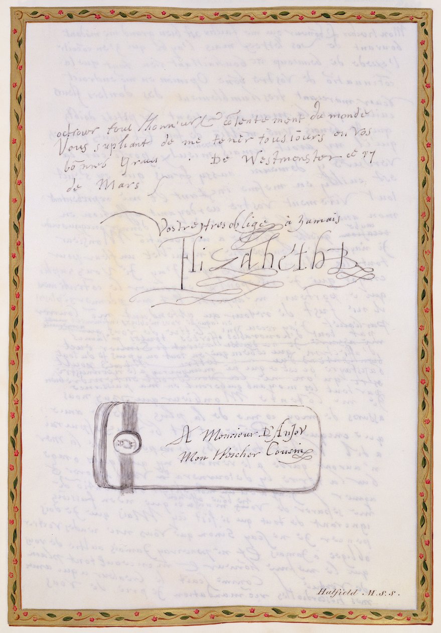 Faksimile av et brev skrevet av Elizabeth I til Francois de Valois, Duc d'Anjou og Alencon fra 'Memoirs of the Court of Queen Elizabeth', utgitt i 1825 (penn og blekk på papir) (se 146741) av Sarah Countess of Essex