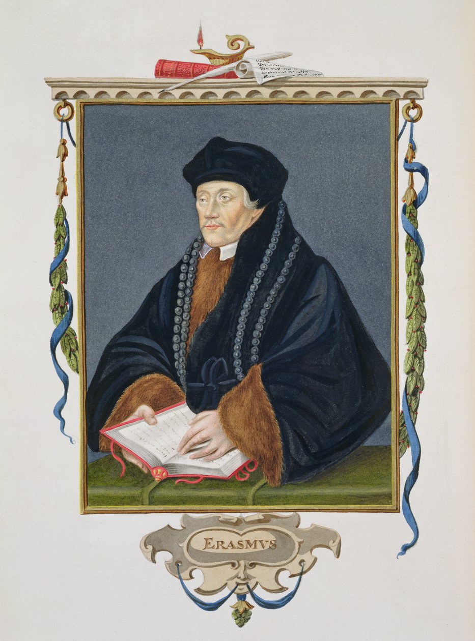 Portrett av Erasmus (ca. 1466-1536) fra 'Memoirs of the Court of Queen Elizabeth', utgitt i 1825 (wc og gouache på papir) av Sarah Countess of Essex