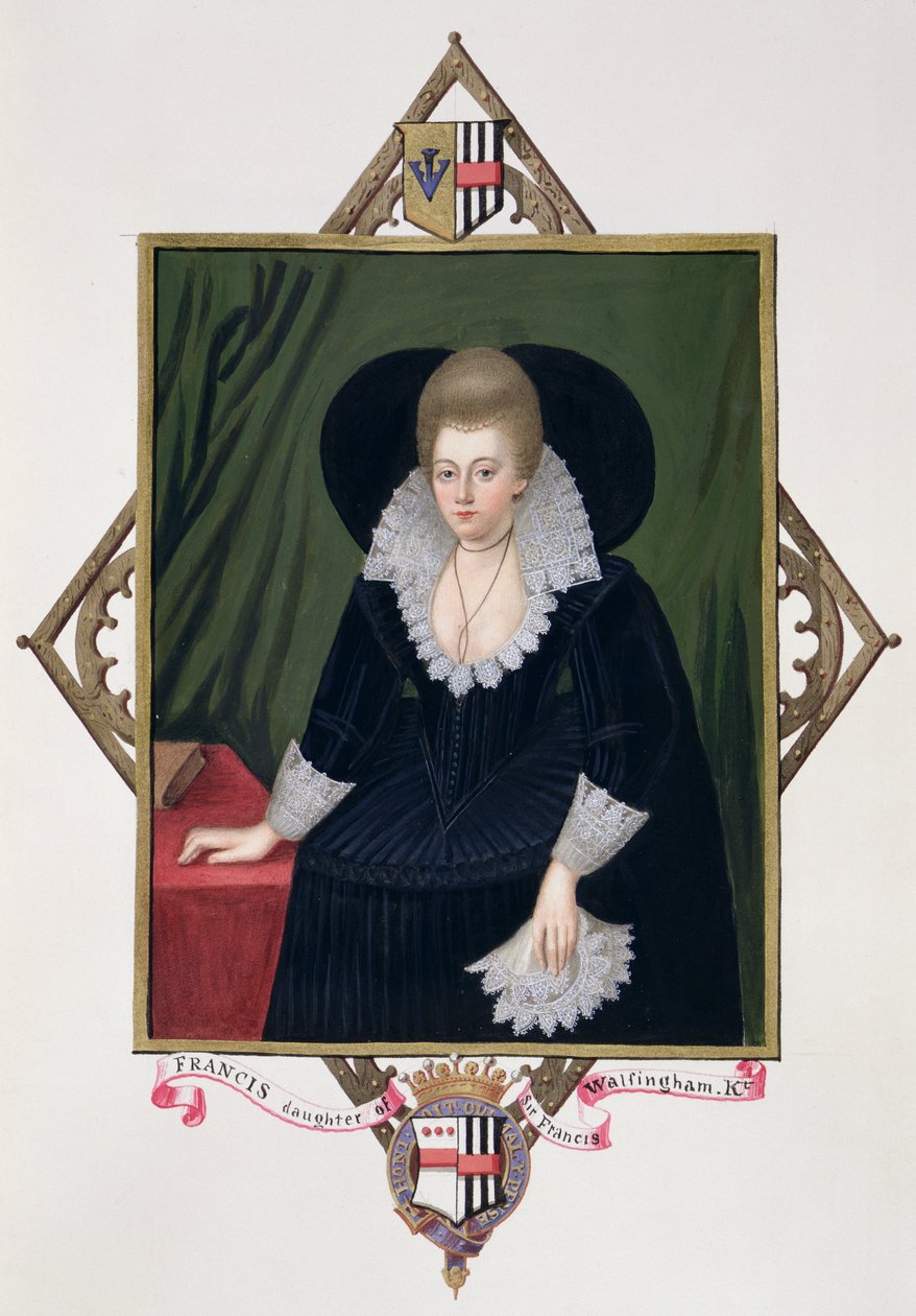 Portrett av Frances Walsingham, grevinne av Essex fra 'Memoirs of the Court of Queen Elizabeth' etter et portrett av Wiliam Segar (fl.1585-d.1633), utgitt i 1825 (wc og gouache på papir) av Sarah Countess of Essex