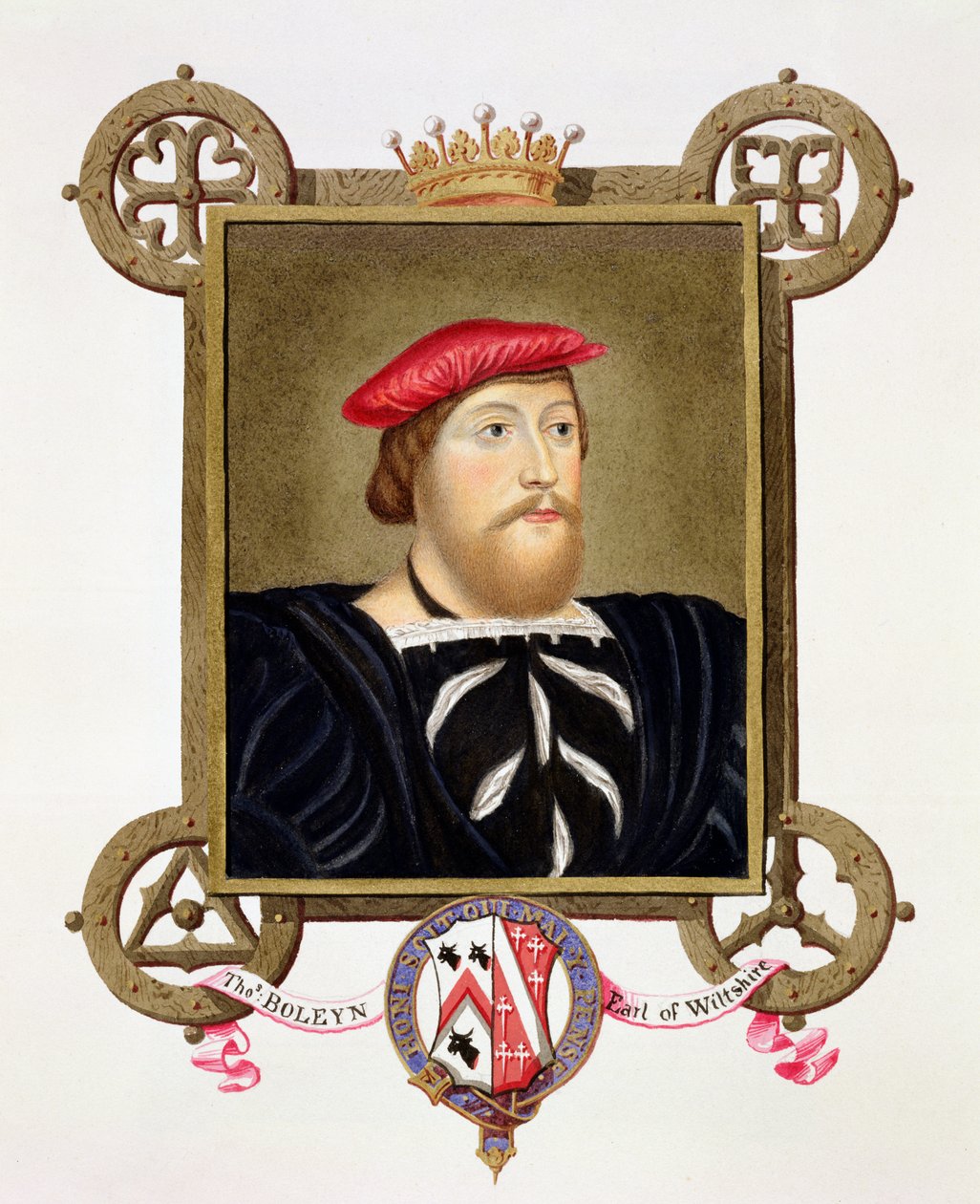 Portrett av Thomas Boleyn (1477-1539) Earl of Wiltshire fra 'Memoirs of the Court of Queen Elizabeth', etter en tegning av Hans Holbein (1497-1543) i Royal Collection, utgitt i 1825 (wc og av Sarah Countess of Essex