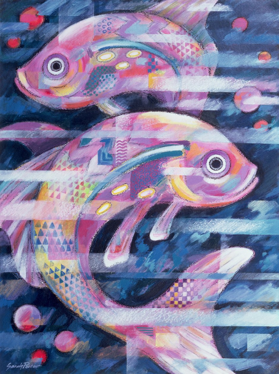 Fishstream (akryl og oljepastell på papir) av Sarah Porter