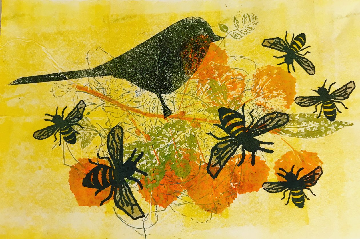 Fugler og bier (monoprint på papir) av Sarah Thompson Engels