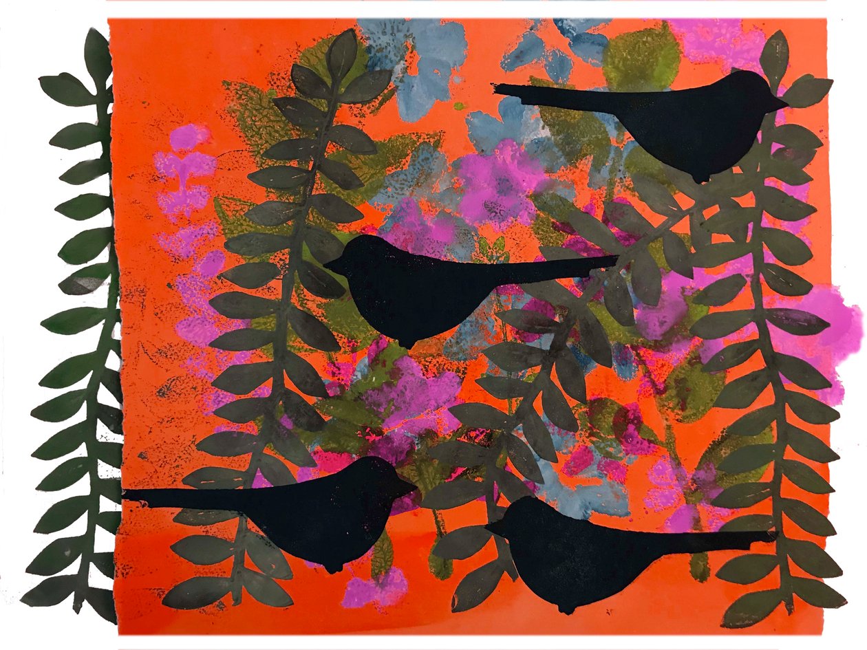 Fire svarttroster (monoprint på papir) av Sarah Thompson Engels