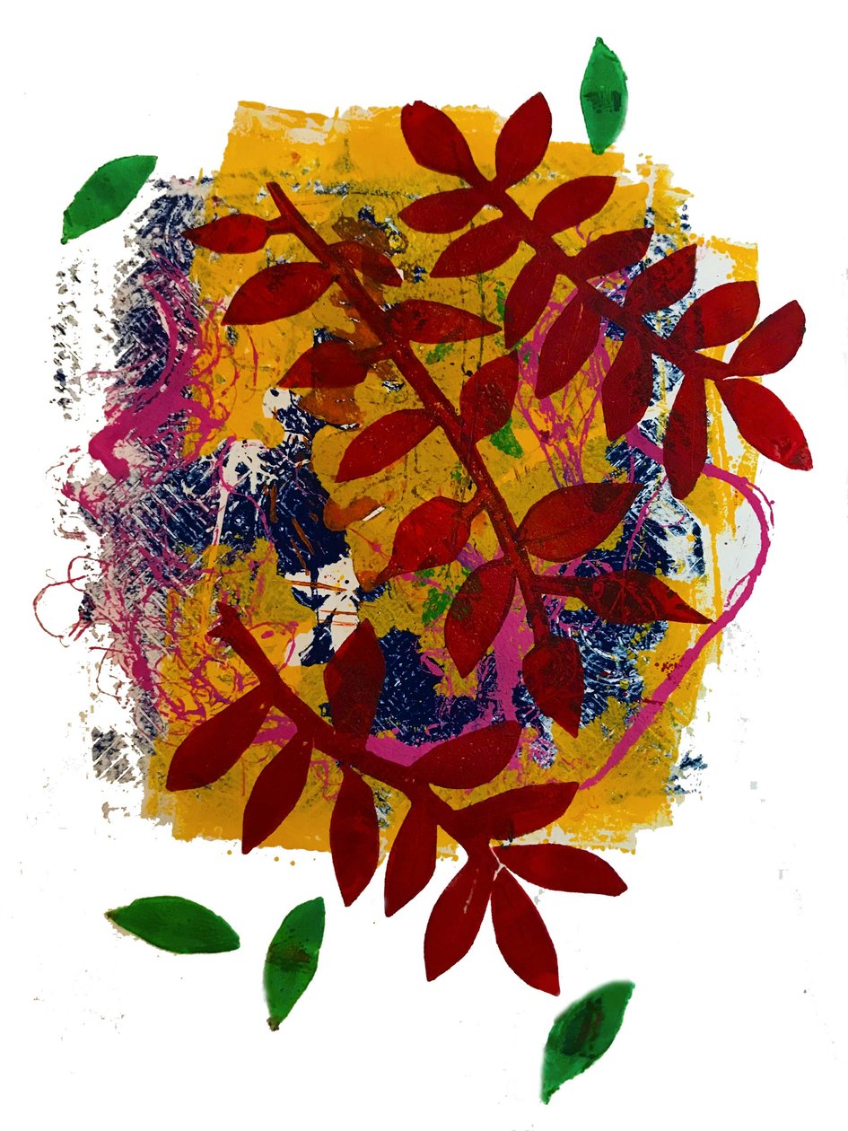 Røde blader (monoprint på papir) av Sarah Thompson Engels