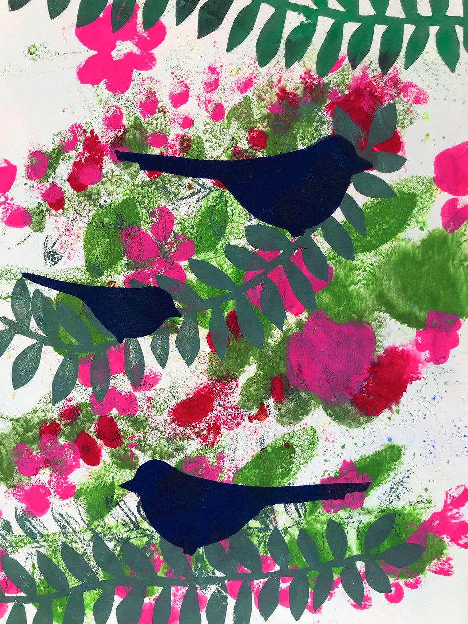 Tre svarttroster (monoprint på papir) av Sarah Thompson Engels