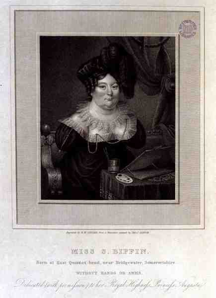 Frøken S. Biffin, født i East Quantox-head, nær Bridgewater, Somersetshire, uten hender eller armer, gravert av R.W. Sievier av Sarah (after) Biffin