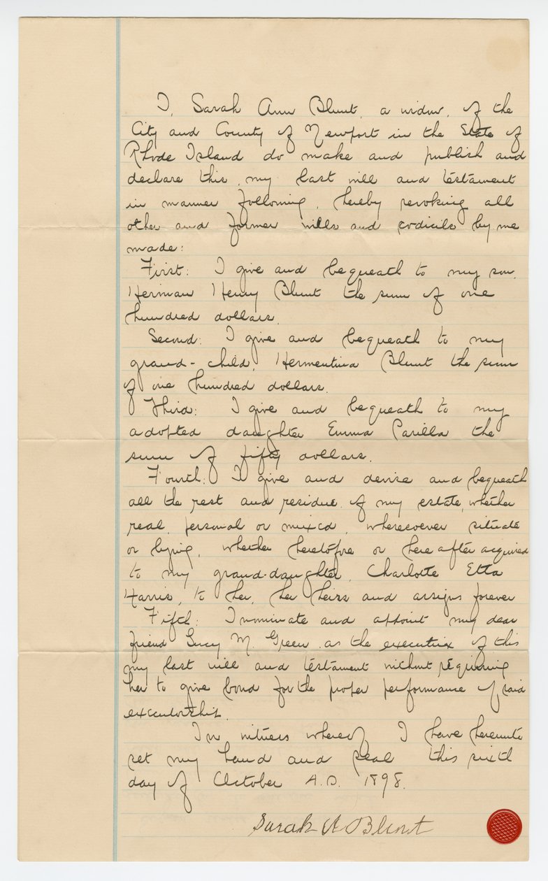 Siste vilje og testamente til Sarah Ann Blunt Crozley, oktober 1898. av Sarah Ann Blunt Crozley