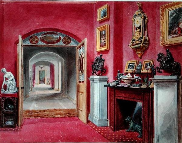 Ante-rommet til hallen, Rempstone Hall, Nottinghamshire (akvarell på papir) av Sarah Caroline Sitwell