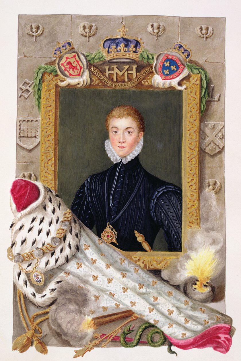 Portrett av Charles I av England (1600-49) som prins av Wales fra "Memoirs of the Court of Queen Elizabeth", utgitt i 1825 (akvarell og gouache på papir) av Sarah Countess of Essex