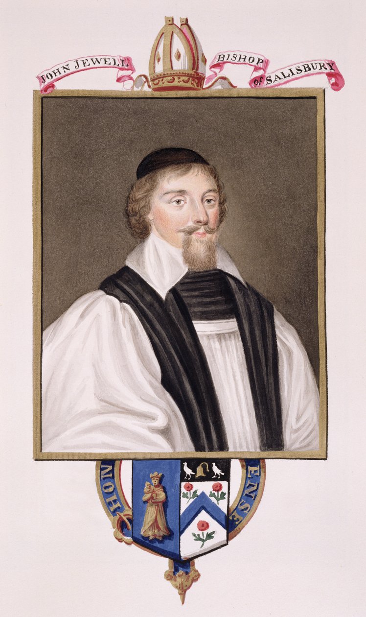 Portrett av John Jewel (1522-71) biskop av Salisbury fra 'Memoirs of the Court of Queen Elizabeth', utgitt i 1825 (wc og gouache på papir) av Sarah Countess of Essex