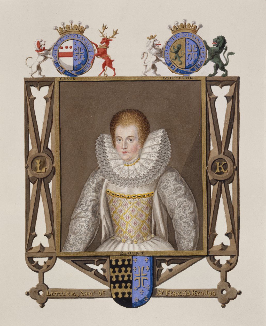 Portrett av Lettice Knollys (ca. 1541-1634) Datter av Sir Francis Knollys fra Memoirs of the Court of Queen Elizabeth, utgitt i 1825 (wc og gouache på papir) av Sarah Countess of Essex
