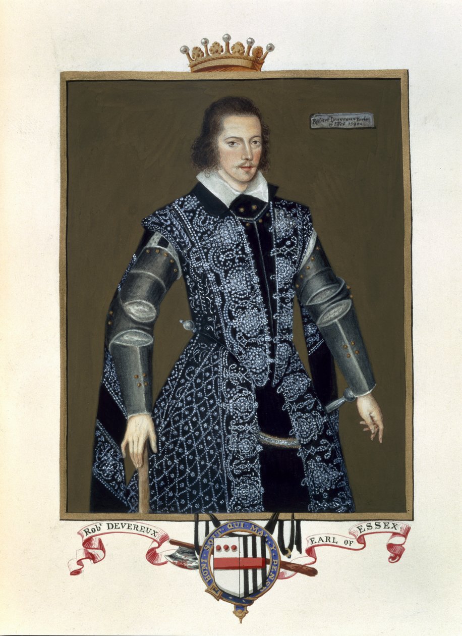 Portrett av Robert Devereux (1566-1601) 2. jarl av Essex fra Memoirs of the Court of Queen Elizabeth etter oljen av Sir William Segar (fl.1913-d.1633) utgitt i 1825 (wc og gouache på papir) av Sarah Countess of Essex