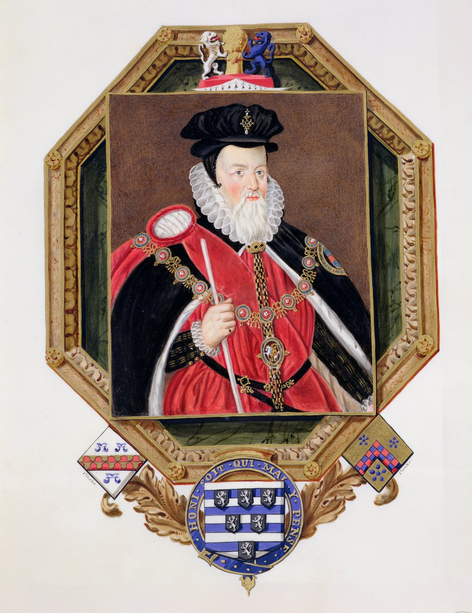 Portrett av William Cecil (1520-98) 1. baron Burghley fra Memoirs of the Court of Queen Elizabeth, etter et bilde av Marcus Gheeraerts den yngre (ca. 1561-1635) publisert i 1825 (wc og gouache o av Sarah Countess of Essex