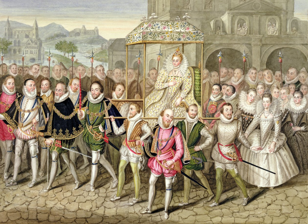 Dronning Elizabeth I i prosesjon med sine hoffmenn (ca. 160003) fra "Memoirs of the Court of Queen Elizabeth" etter en olje tilskrevet Robert Peake (ca. 1592-1667) ved Sherborne Castle, publisert i 18. av Sarah Countess of Essex