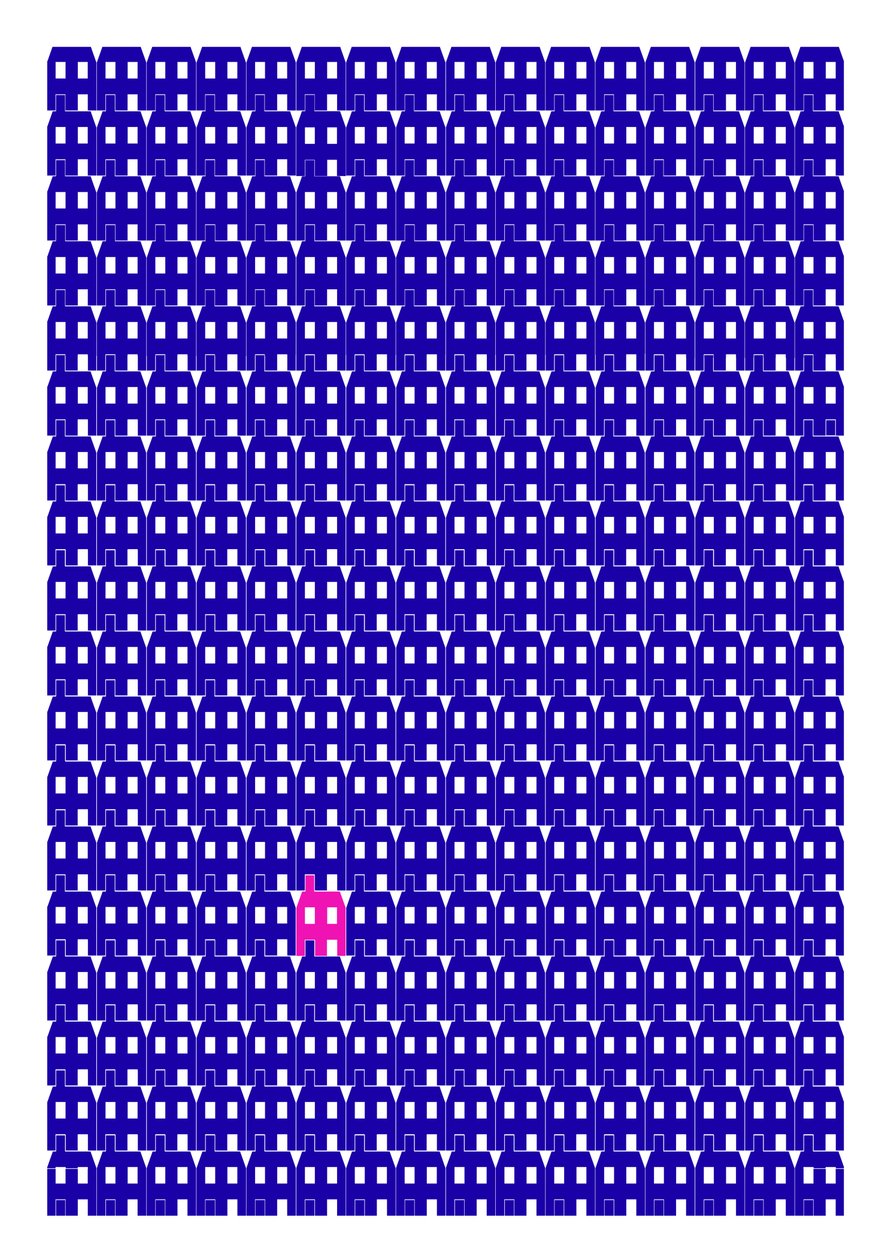 Blått papirhus-repetisjonstrykk, 2014 (grafisk giclée-trykk) av Sarah Evans