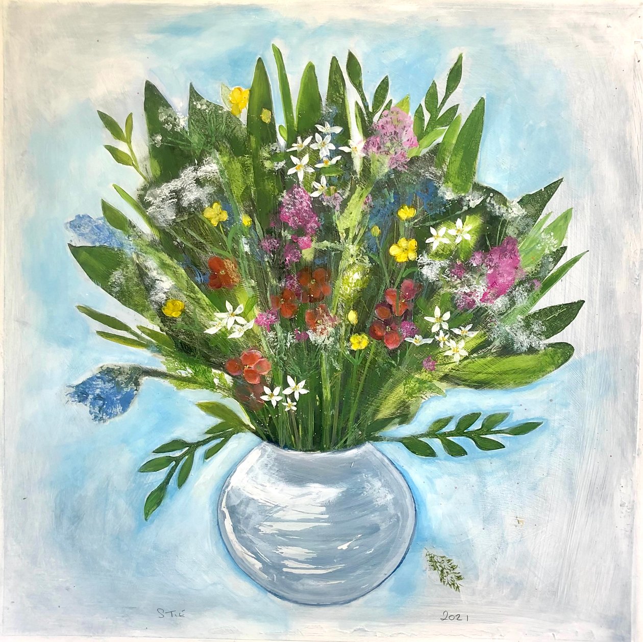 Rund vase, 2021 (akryl om bord) av Sarah Thompson Engels