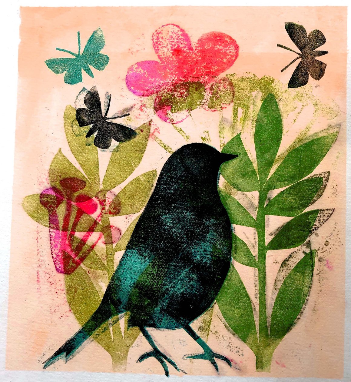 Fugl og sommerfugl, 2019 (blekk mono print) av Sarah Thompson Engels