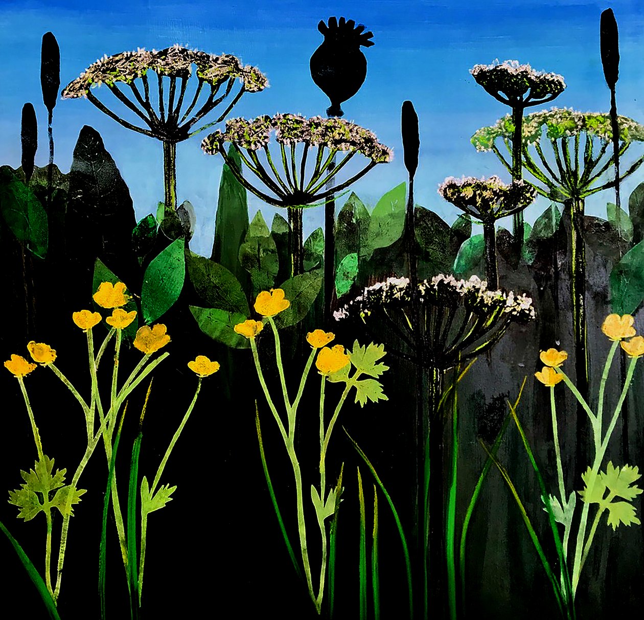 Smørblomster 2020 (akryl om bord) av Sarah Thompson Engels