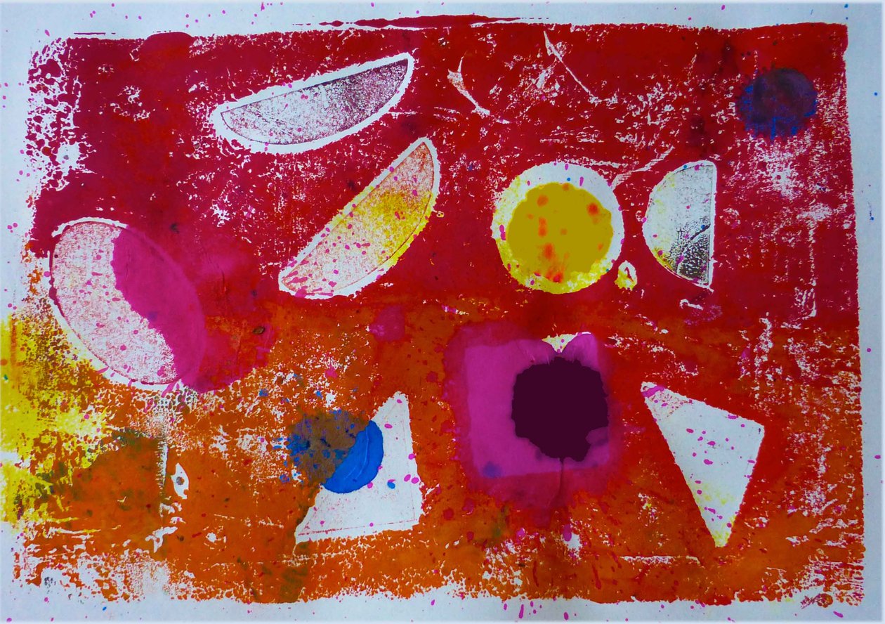 "Geometrics" 2019 (monoprint) av Sarah Thompson Engels