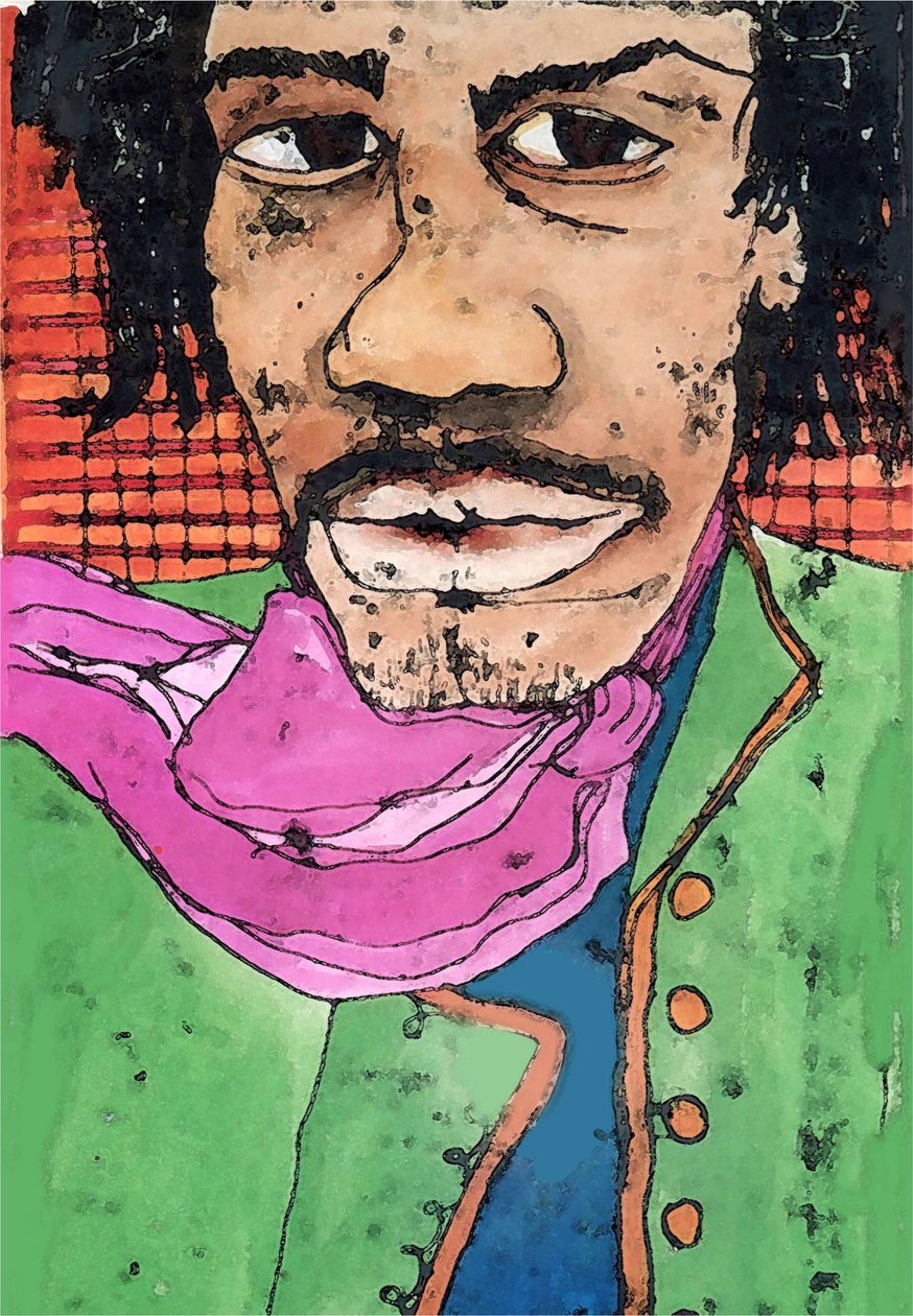 Hendrix (blekk på papir) 2020 av Sarah Thompson Engels