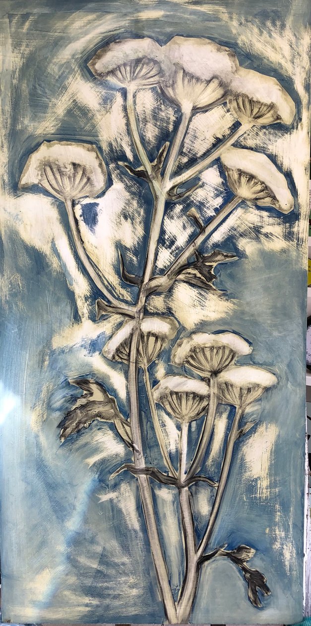 Hogweed (akryl om bord) 2020 av Sarah Thompson Engels