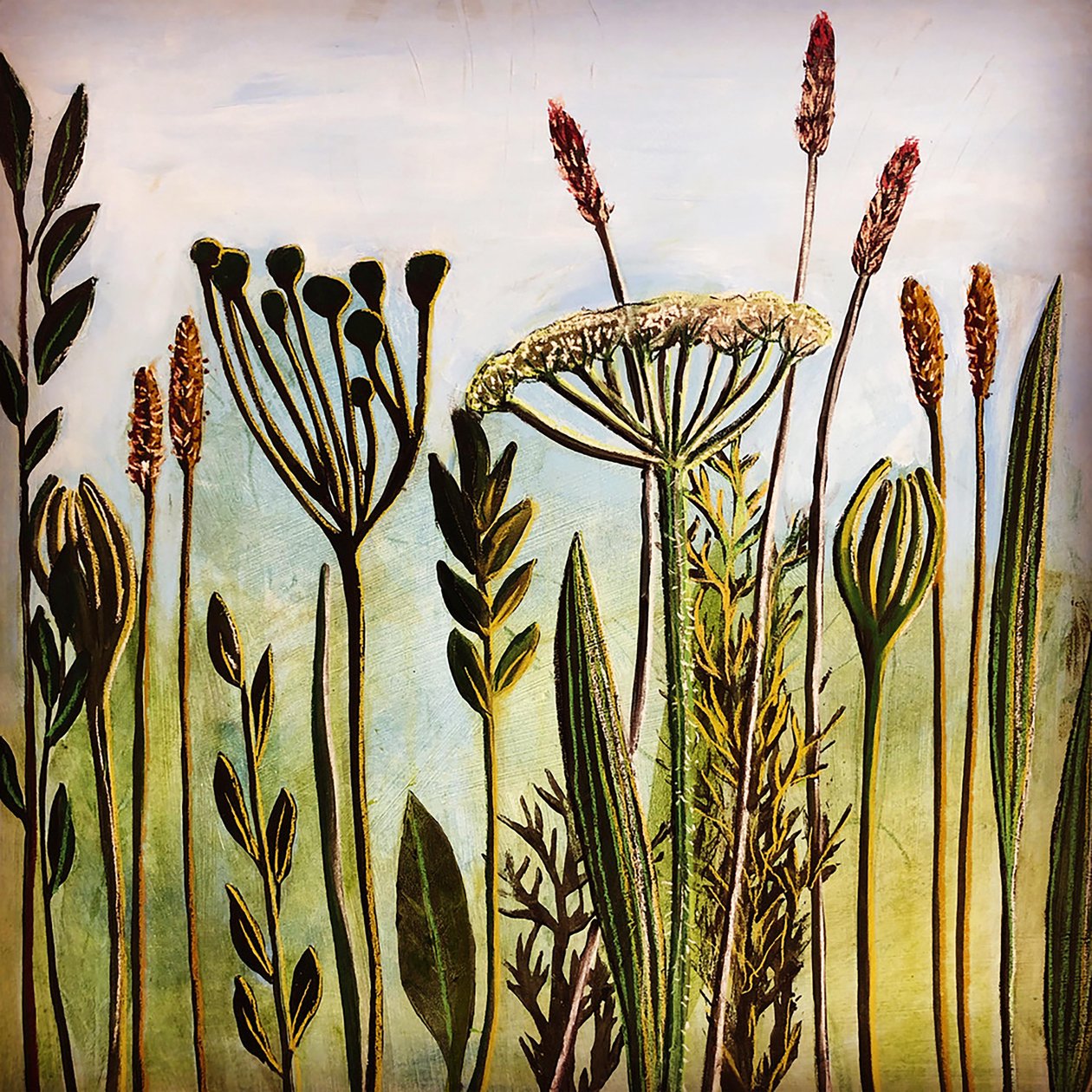 Hogweed 2020 (akryl om bord) av Sarah Thompson Engels