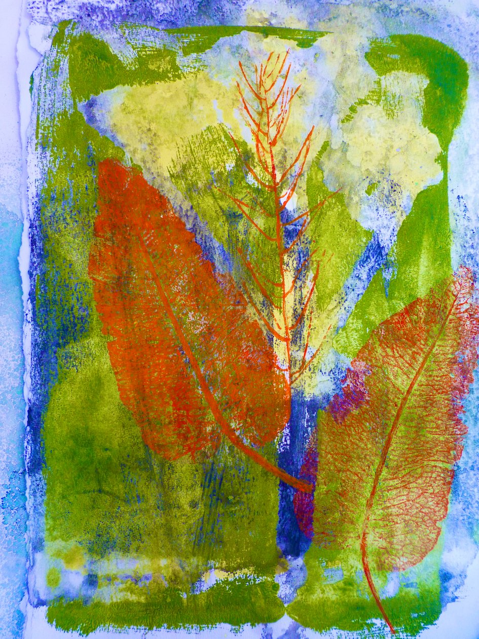 Oransje blader (monoprint på papir) 2020 av Sarah Thompson Engels