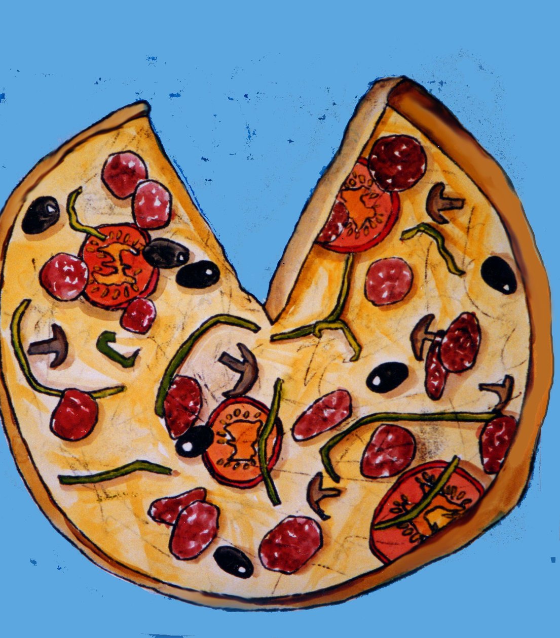 Pizza, 2017, (monoprint med blekk) av Sarah Thompson Engels