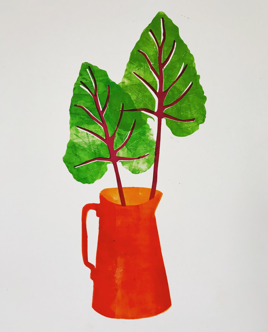 'Rød kanne med blader' 2020 (monoprint) av Sarah Thompson Engels