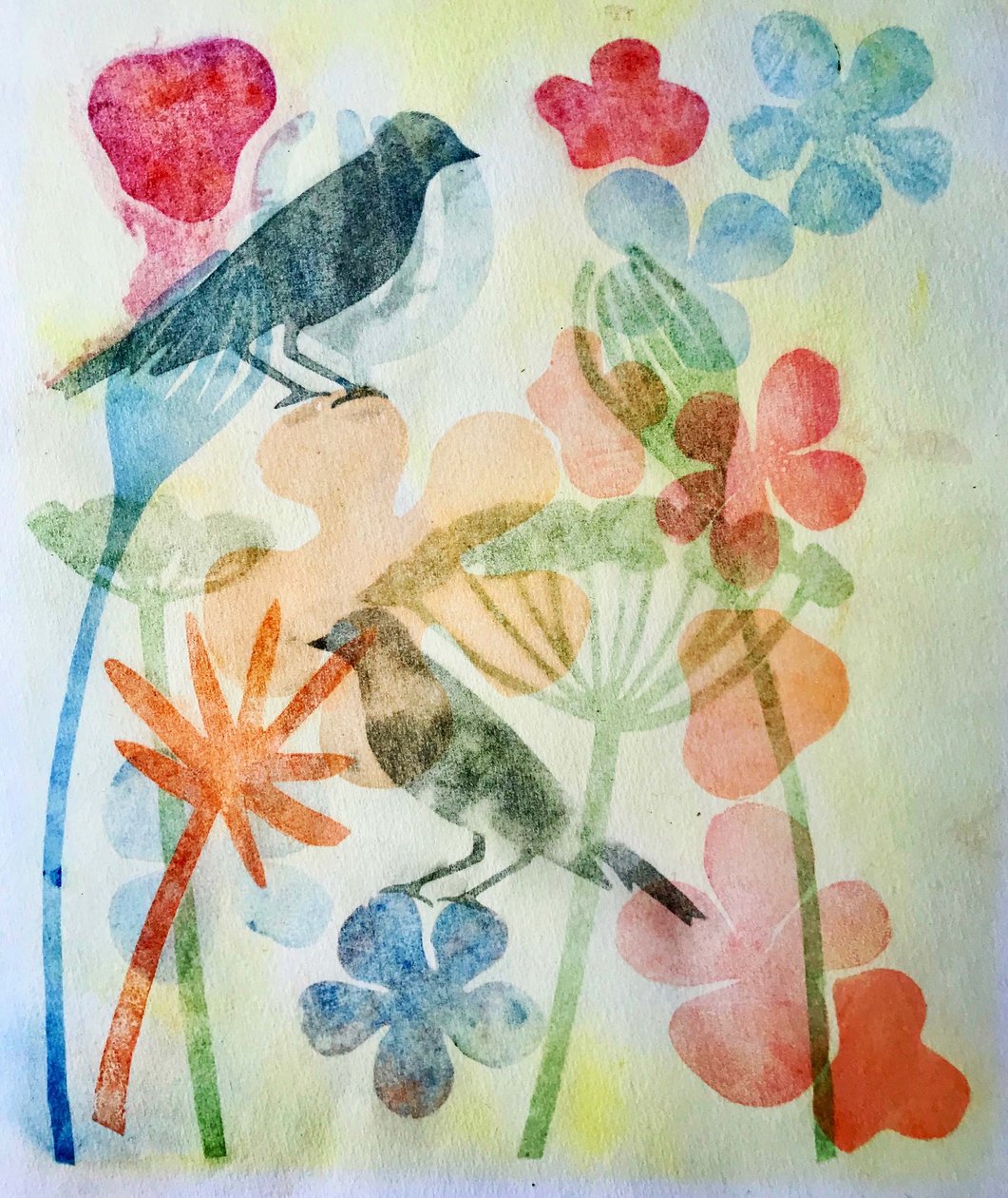 To fugler og blomster, 2019 (blekk monoprint) av Sarah Thompson Engels