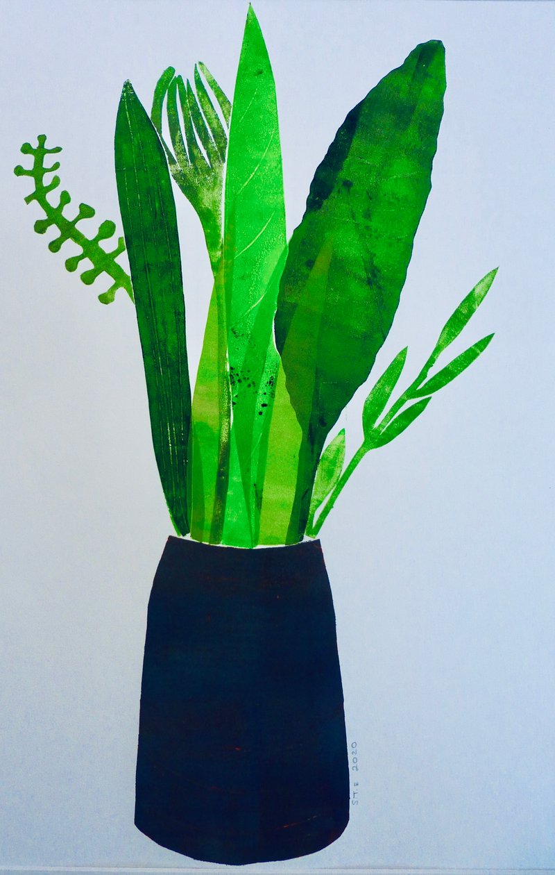 Vase med blader (monoprint på papir) 2020 av Sarah Thompson Engels