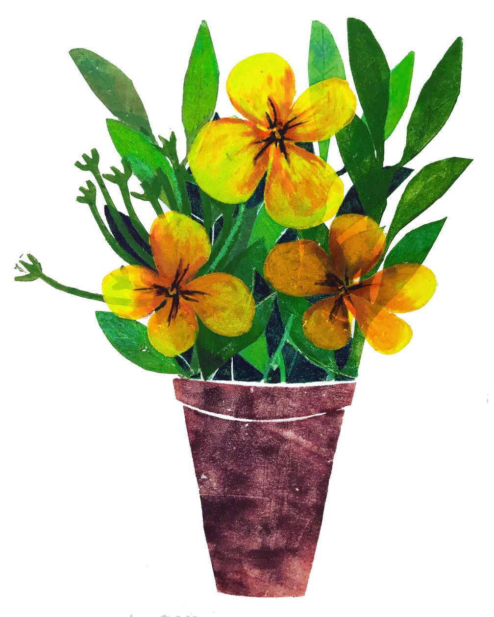 Gul plantepotte, 2019, (monoprint) av Sarah Thompson Engels