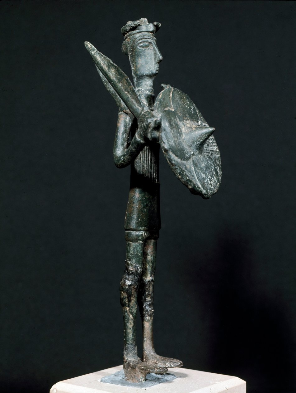 Nuragisk kultur (nuraghi) Sardinsk: bronsestatue av Teti-krigeren fra Arcosu-fjellene. 8.-7. århundre f.Kr. Størrelse 24 cm Cagliari, Nasjonalt arkeologisk museum, Sardinia, Italia av Sardinia Nuragic Civilization