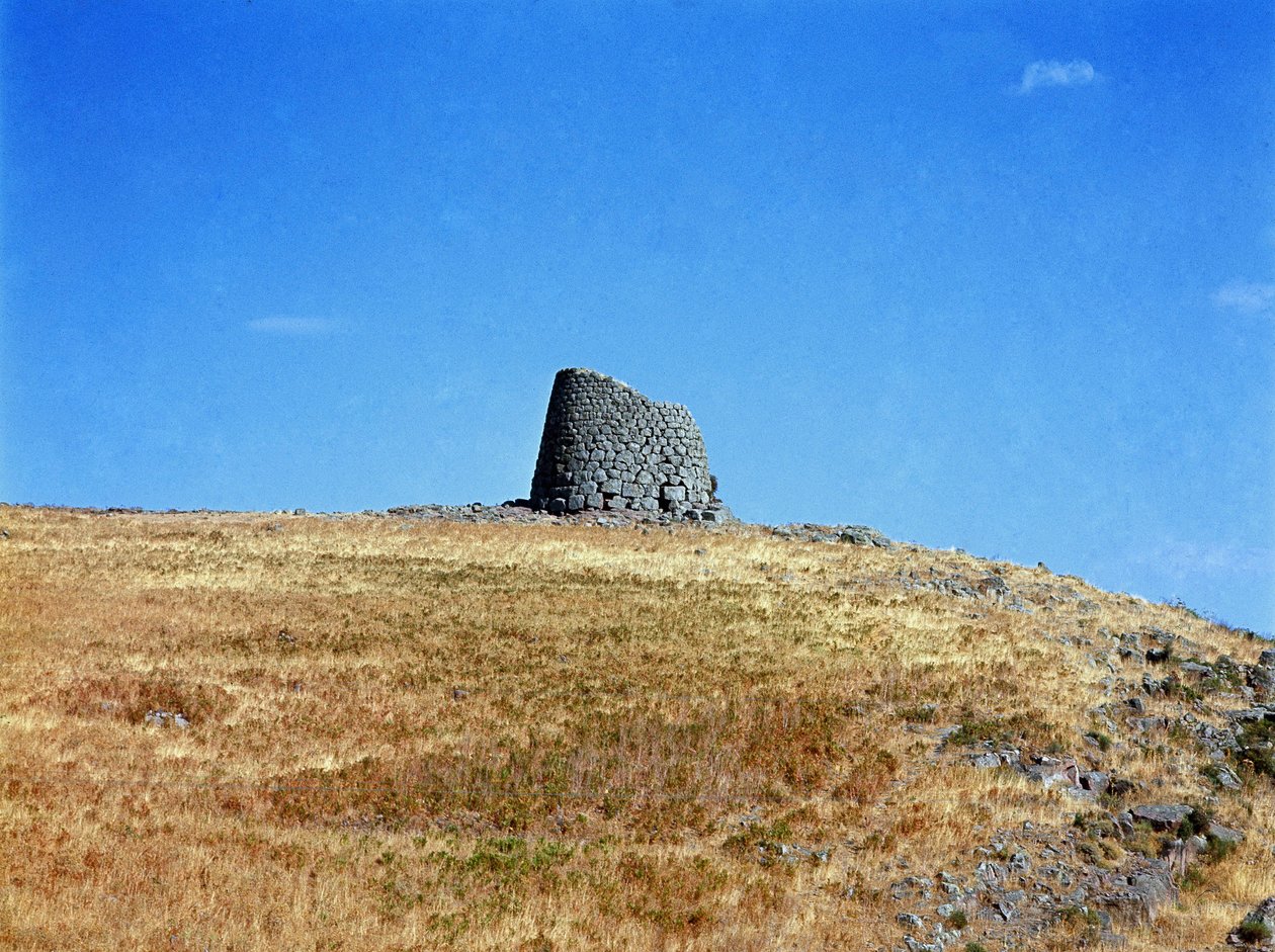 Nuragisk kultur (nuraghi) Sardinsk: ruinene av den nuragiske byen på det megalittiske stedet Macomer: et av de nuragiske tårnene. Macomer, Sardinia, Italia av Sardinia Nuragic Civilization