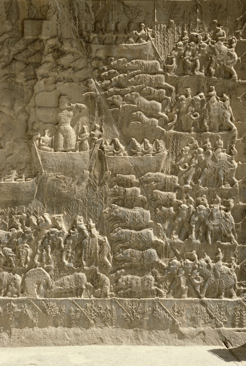 En kongelig villsvinjakt, muligens skildrer Khosrow II som skyter en pil fra en båt, relieff fra siden av aivane, ca. 620 av Sasanian School